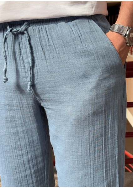 Bel Lastikli, Bağcıklı, Oversize Fit, %100 Pamuklu Müslin Dokuma, Yazlık&baharlık Pantolon 295