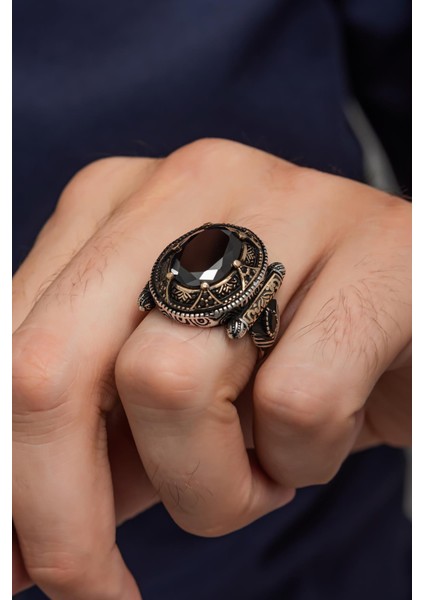 Siyah Taşlı Oval Motifli 925 Gümüş Erkek Yüzük