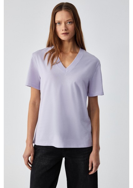 Alıne Kadın Organik Pamuk Derin V Yakalı Comfort Fit Lila T-Shirt