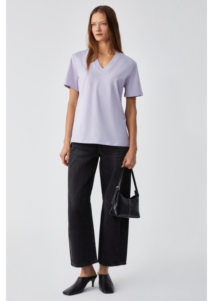 Alıne Kadın Organik Pamuk Derin V Yakalı Comfort Fit Lila T-Shirt