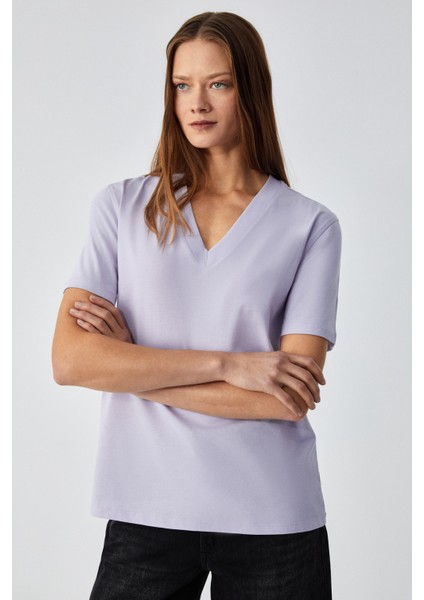 Alıne Kadın Organik Pamuk Derin V Yakalı Comfort Fit Lila T-Shirt