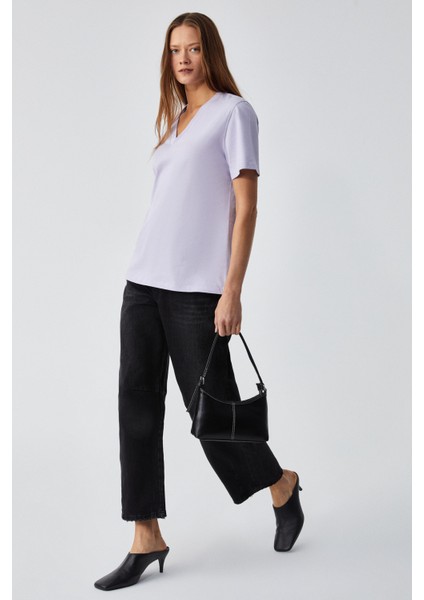 Alıne Kadın Organik Pamuk Derin V Yakalı Comfort Fit Lila T-Shirt