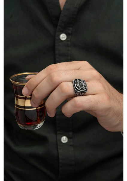 Süleyman Mührü Desenli Mikro Taşlı 925 Gümüş Erkek Yüzük fiyatları