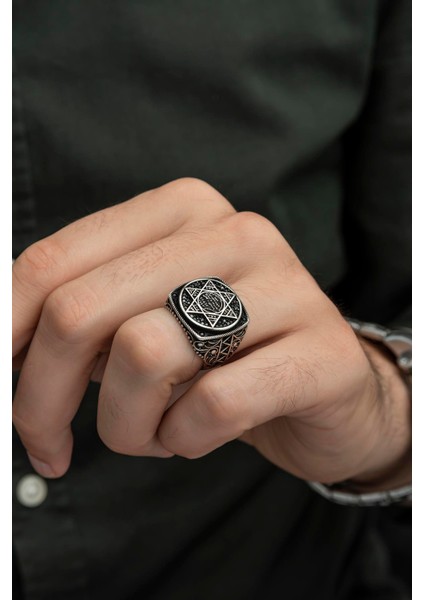 Süleyman Mührü Desenli Mikro Taşlı 925 Gümüş Erkek Yüzük fırsatları