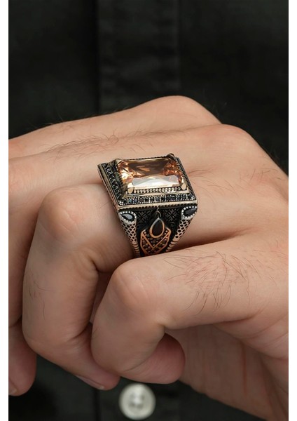 Sitrin Taşlı Kare Tasarım 925 Gümüş Erkek Yüzük