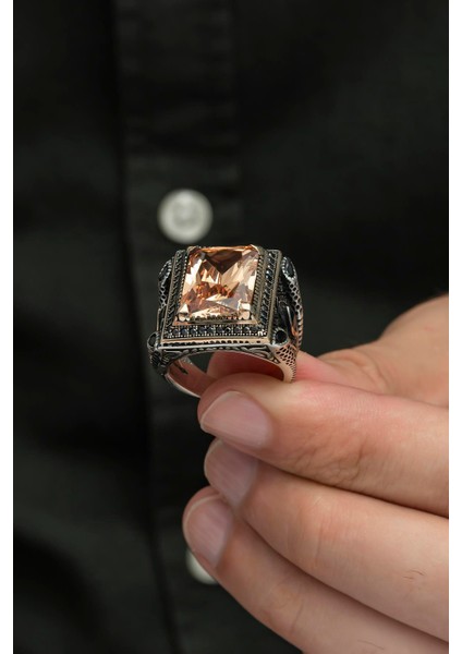 Sitrin Taşlı Kare Tasarım 925 Gümüş Erkek Yüzük modelleri