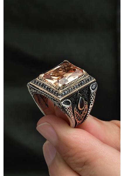 Sitrin Taşlı Kare Tasarım 925 Gümüş Erkek Yüzük fırsatları