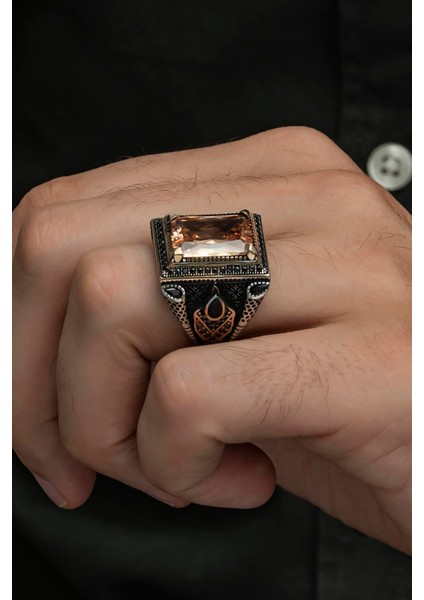 Sitrin Taşlı Kare Tasarım 925 Gümüş Erkek Yüzük indirimleri