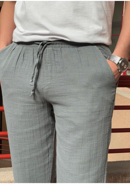 Bel Lastikli, Bağcıklı, Oversize Fit, %100 Pamuklu Müslin Dokuma, Yazlık&baharlık Pantolon 295