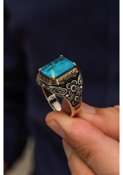 Mavi Paraiba Taşlı Kare 925 Gümüş Erkek Yüzük modelleri