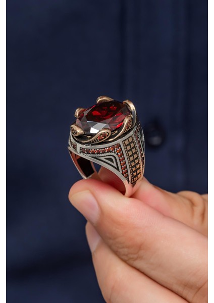 Kırmızı Taşlı Dalga Motif 925 Gümüş Erkek Yüzük