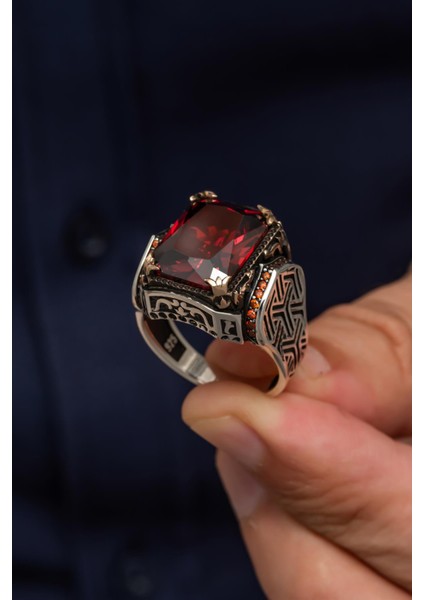 Kırmızı Taşlı Parlak 925 Gümüş Erkek Yüzük