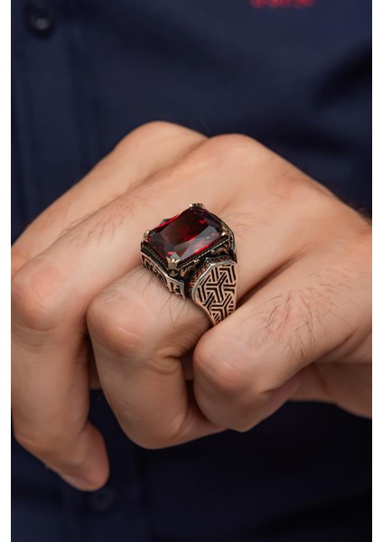 Kırmızı Taşlı Parlak 925 Gümüş Erkek Yüzük fiyatları
