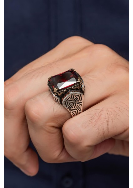 Kırmızı Taşlı Parlak 925 Gümüş Erkek Yüzük fırsatları