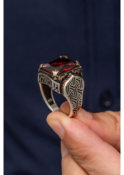 Kırmızı Taşlı Parlak 925 Gümüş Erkek Yüzük indirimleri