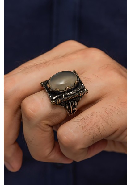 Yemen Akik Taşlı Elif Vav Motif 925 Gümüş Erkek Yüzük