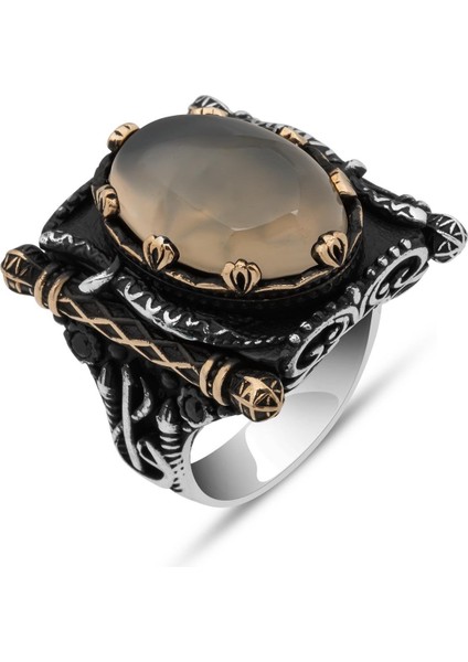 Yemen Akik Taşlı Elif Vav Motif 925 Gümüş Erkek Yüzük fiyatları