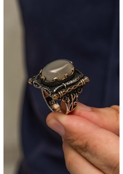 Yemen Akik Taşlı Elif Vav Motif 925 Gümüş Erkek Yüzük indirimleri