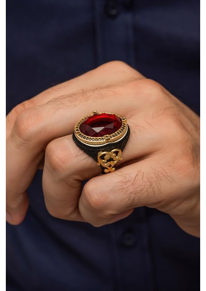Kırmızı Taşlı Faset Kesim 925 Gümüş Erkek Yüzük
