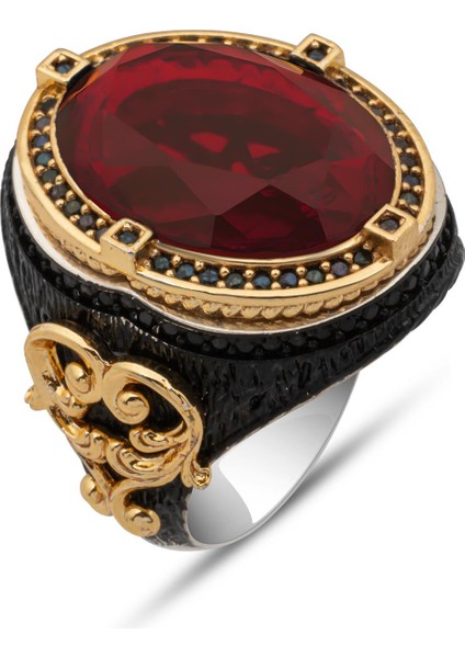 Kırmızı Taşlı Faset Kesim 925 Gümüş Erkek Yüzük fiyatları