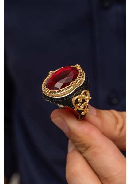 Kırmızı Taşlı Faset Kesim 925 Gümüş Erkek Yüzük modelleri