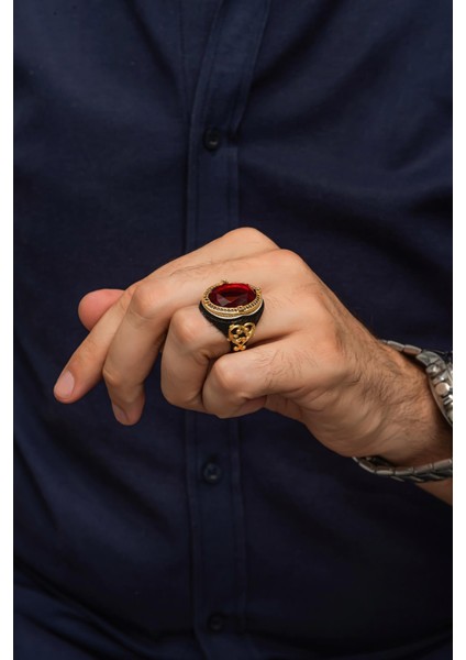 Kırmızı Taşlı Faset Kesim 925 Gümüş Erkek Yüzük indirimleri