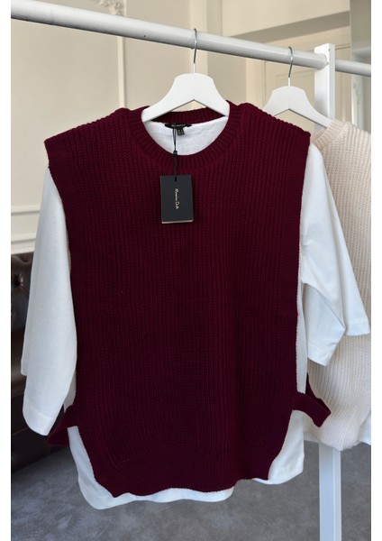 Triko Detay Tshirt- Bordo modelleri