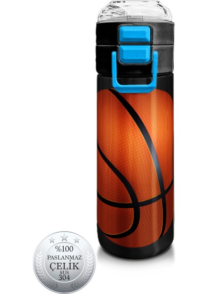 Kids Siyah Basketbol Desenli Pipetli ve Direkt Içim Çelik Termos 500 ml 31795