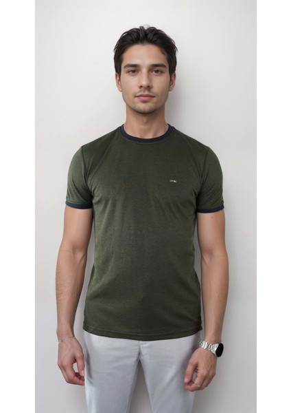 Sıfır Yaka Bisiklet Yaka Likralı Penye Haki Erkek Tshirt