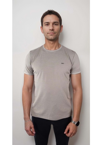 Sıfır Yaka Bisiklet Yaka Likralı Penye Bej Erkek Tshirt