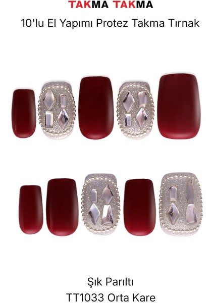 10'lu Bordo Orta Kare TT1033 Tekrar Kullanılabilir El Yapımı Protez Takma Tırnak - Bordo-L indirimleri