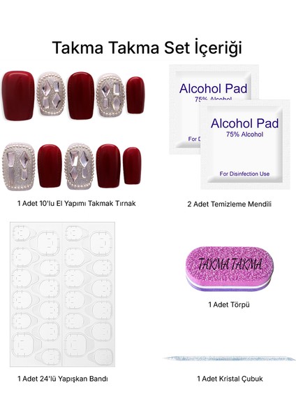 10'lu Bordo Orta Kare TT1033 Tekrar Kullanılabilir El Yapımı Protez Takma Tırnak - Bordo-L