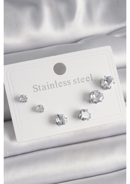 316L Çelik Gümüş Renk Zirkon Taşlı Kalp Model Kadın Küpe Seti - Lisinya