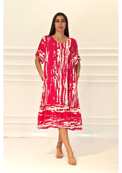 Kadın Fuşya Desenli V Yaka Cepli Etekleri Fırıfırlı Midi Elbise