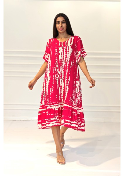 Kadın Fuşya Desenli V Yaka Cepli Etekleri Fırıfırlı Midi Elbise fiyatları