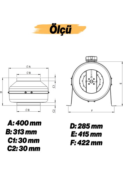 Kanal Tipi Radyal Fanlar Aspiratör Havalandırma Fanı 180 W Kirli Hava Tahliye Metal Vantilatör 180W