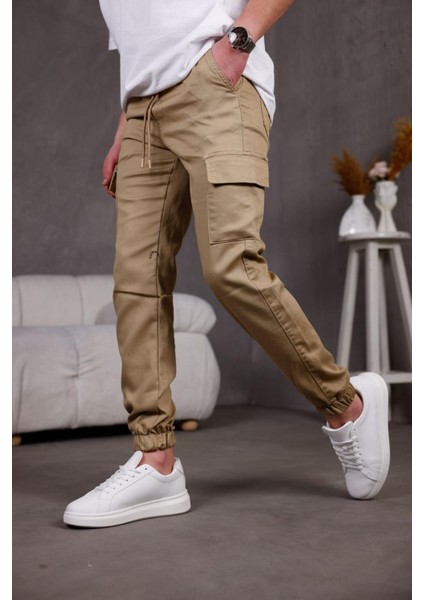 Hend Jogg Paçası ve Beli Lastikli Slim Fit Likralı Keten Kargo Pantolon