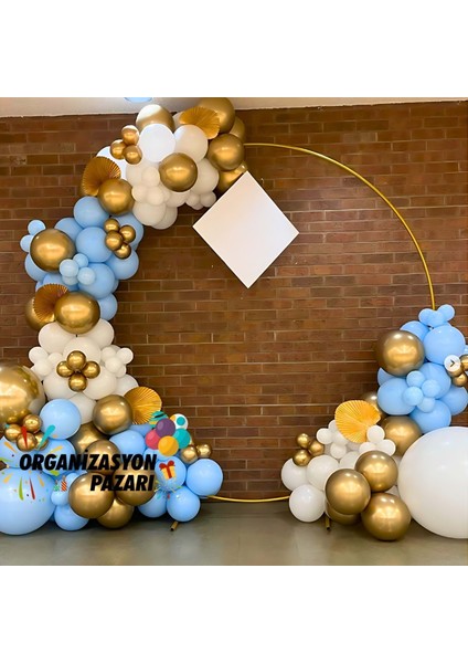 Balon Seti Krom Gold-Makaron Mavi-Beyaz 100 Lü Balon Zinciri Seti