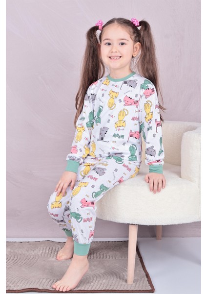 Kız Çocuk %100 Pamuk Pijama Takımı 1810-MINT Yeşili