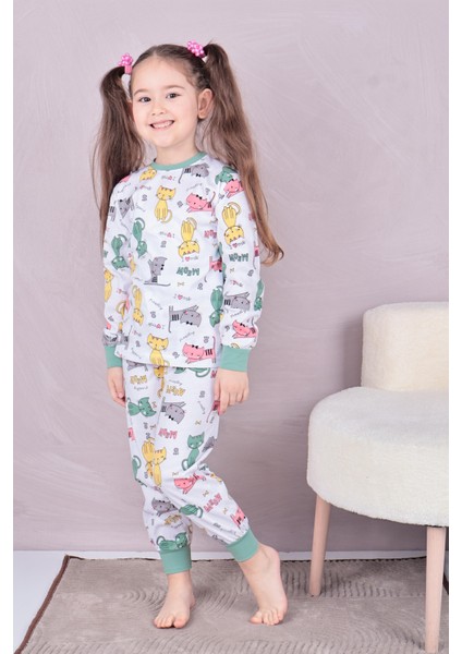 Kız Çocuk %100 Pamuk Pijama Takımı 1810-MINT Yeşili