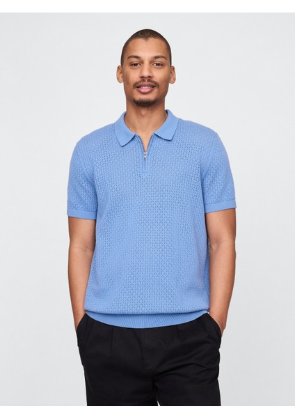 Erkek Mavi Kroşe Örgü Polo Yaka T-Shirt