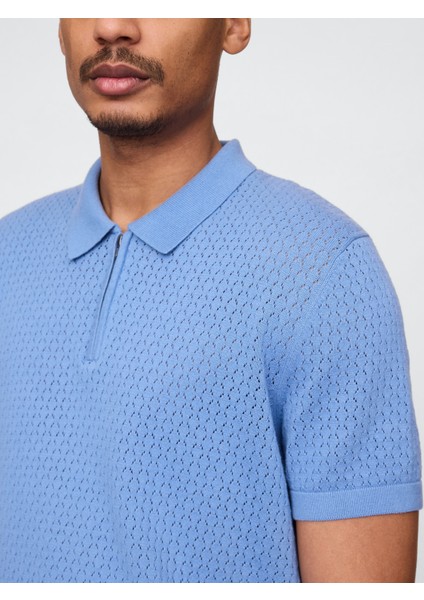 Erkek Mavi Kroşe Örgü Polo Yaka T-Shirt modelleri