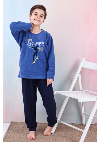Yeni Sezon Sonbahar/kış Erkek Çocuk Skate Desenli Polar Pijama Takımı 4515