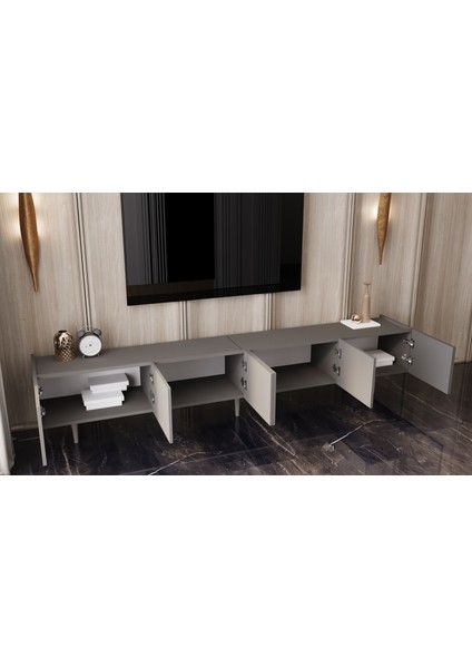 Mdf 6 Kapaklı Ahşap Ayaklı (120 cm x 2 Adet) 240 cm Tv Ünitesi