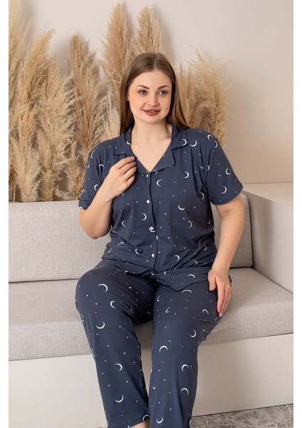 Büyük Beden Kısa Kollu Milan Gömlek Pijama Takımı- Genç Anne Serisi