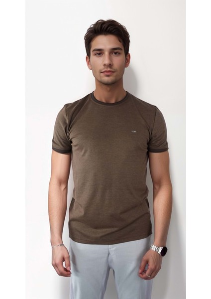 Sıfır Yaka Bisiklet Yaka Likralı Penye Kahve Erkek Tshirt