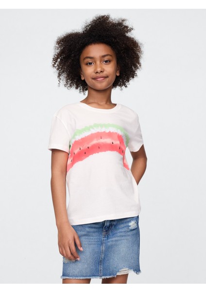 Kız Çocuk Beyaz Grafikli T-Shirt