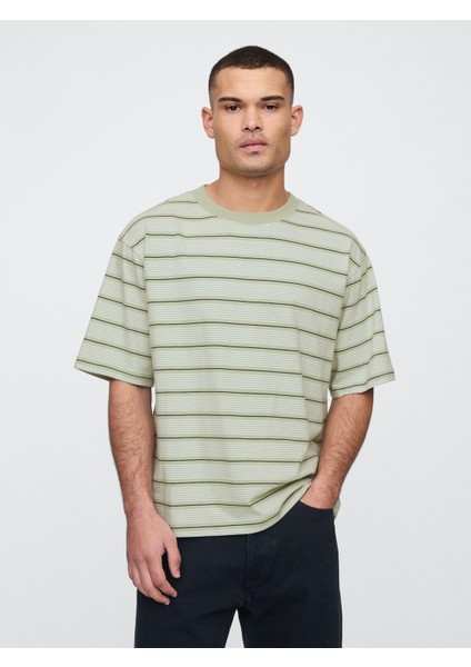 Erkek Yeşil Vintage Soft Stripe Boxy T-Shirt