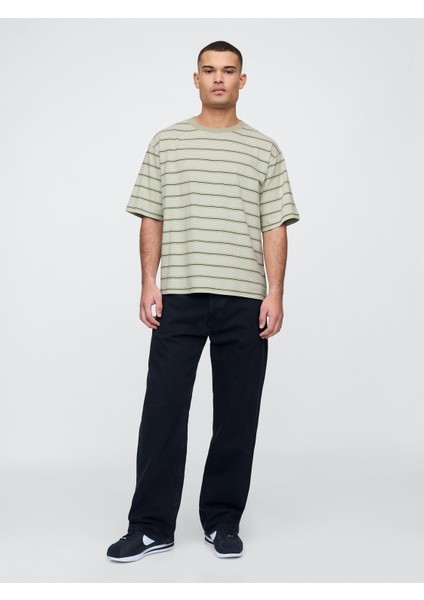 Erkek Yeşil Vintage Soft Stripe Boxy T-Shirt fırsatları
