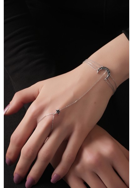 925 Ayar Gümüş, Rodyum Kaplamalı Siyah Zirkon Taşlı Ay Yıldız Şahmeran